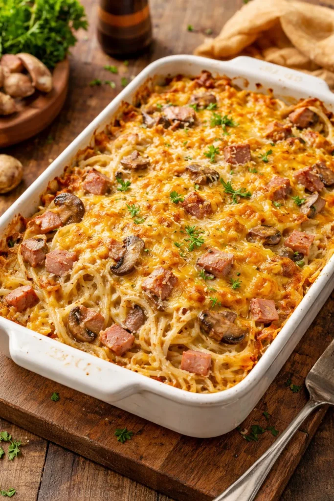 Creamy ham tetrazzini baked pasta with cheese crust in a casserole dish