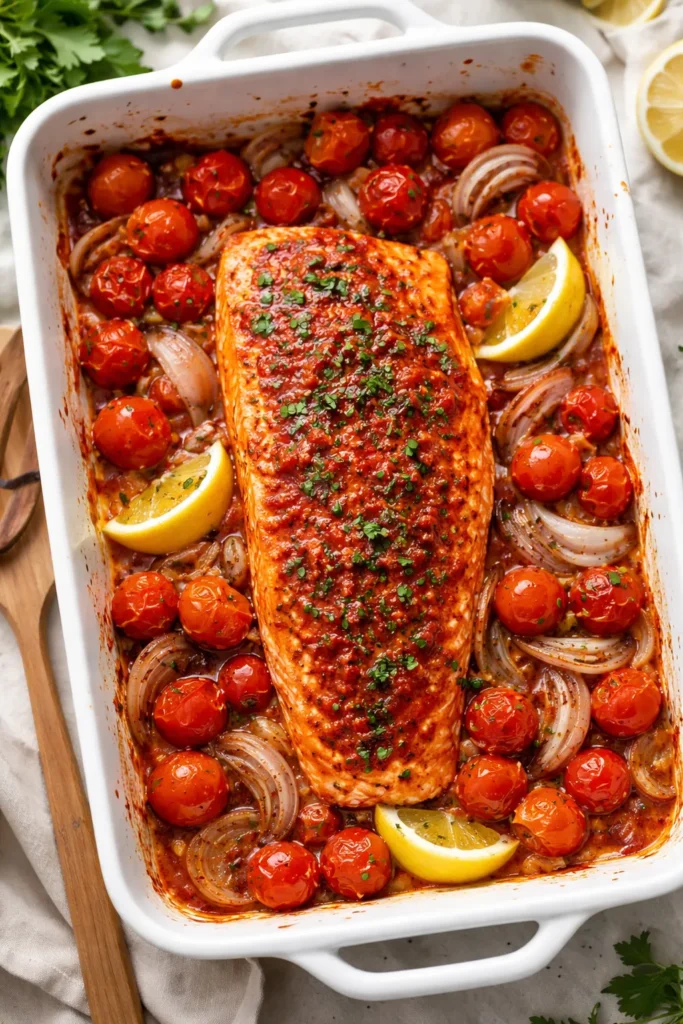 Salmon with harissa, tomatoes, and shallots in baking dish
