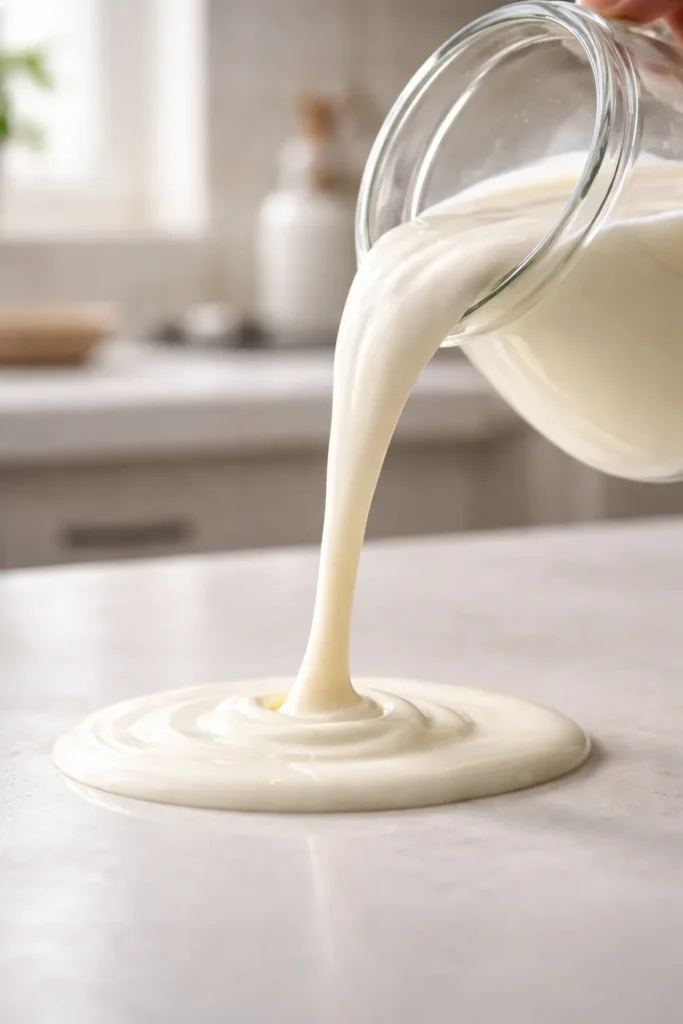 Pouring heavy cream from a glass jug in a bright kitchen