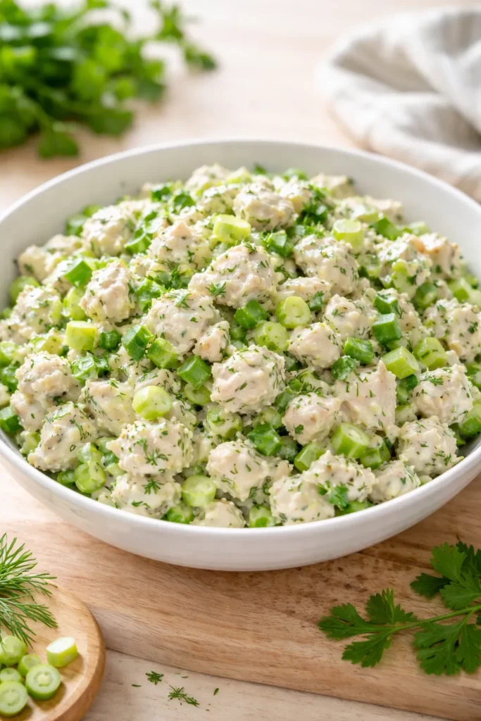 Close-up of classic herb chicken salad with dill and parsley in a white bowl