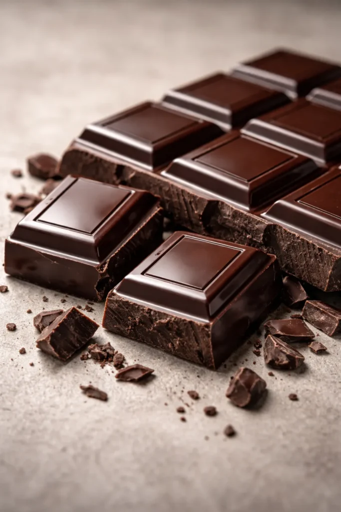 High-quality dark chocolate bar on neutral background, rich color