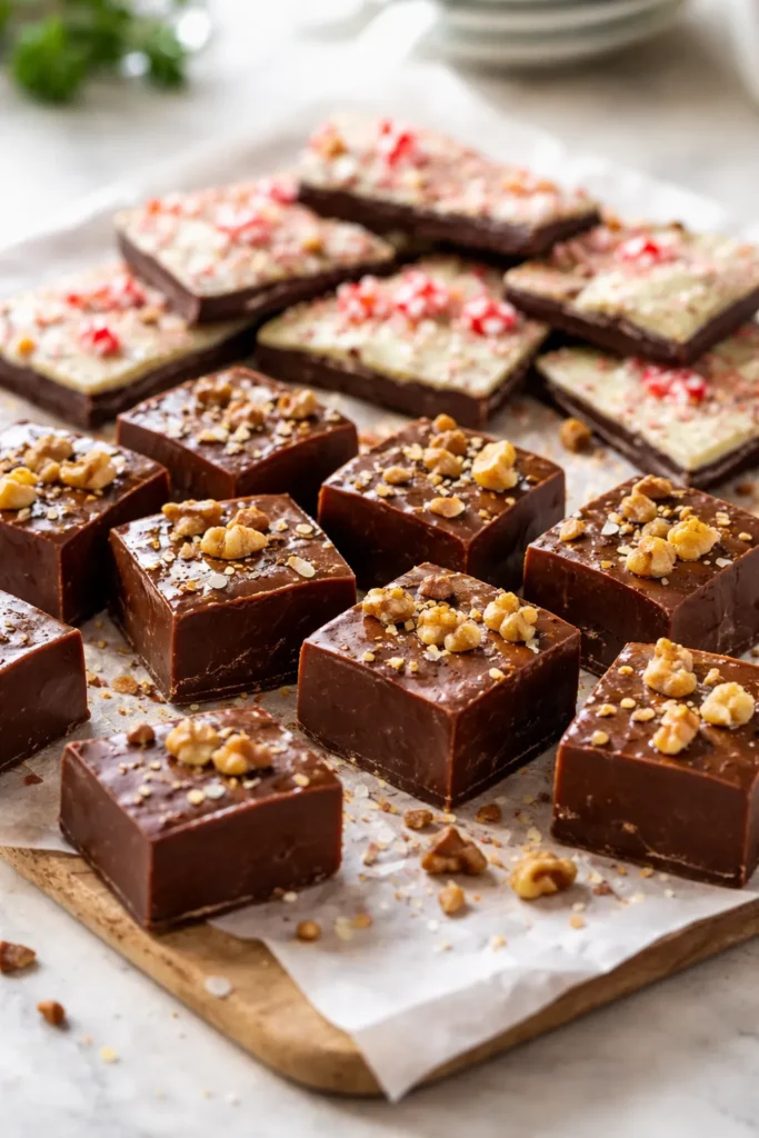 Assorted homemade fudge and peppermint bark pieces on parchment