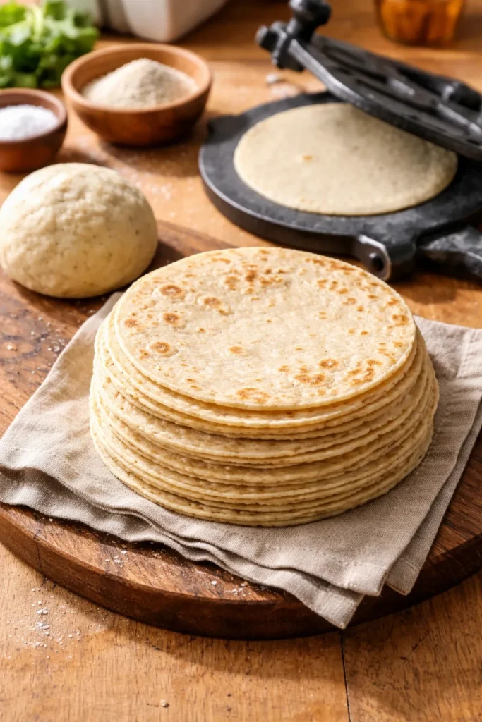 Stack of fresh corn tortillas on wooden surface
