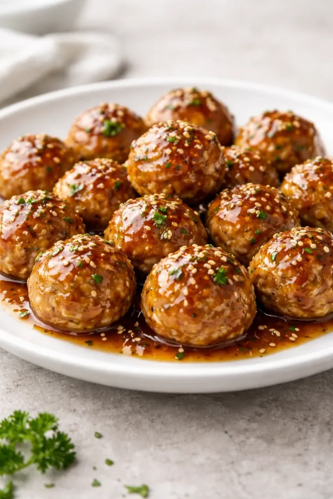 Meatballs in honey garlic glaze on a plate