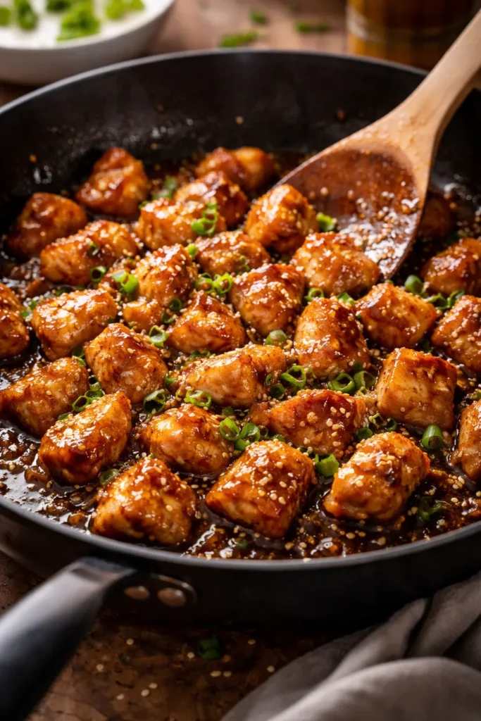 Close-up of glossy honey garlic chicken bites in a skillet