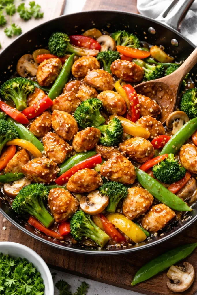 Colorful honey garlic chicken stir fry with vegetables in glossy sauce