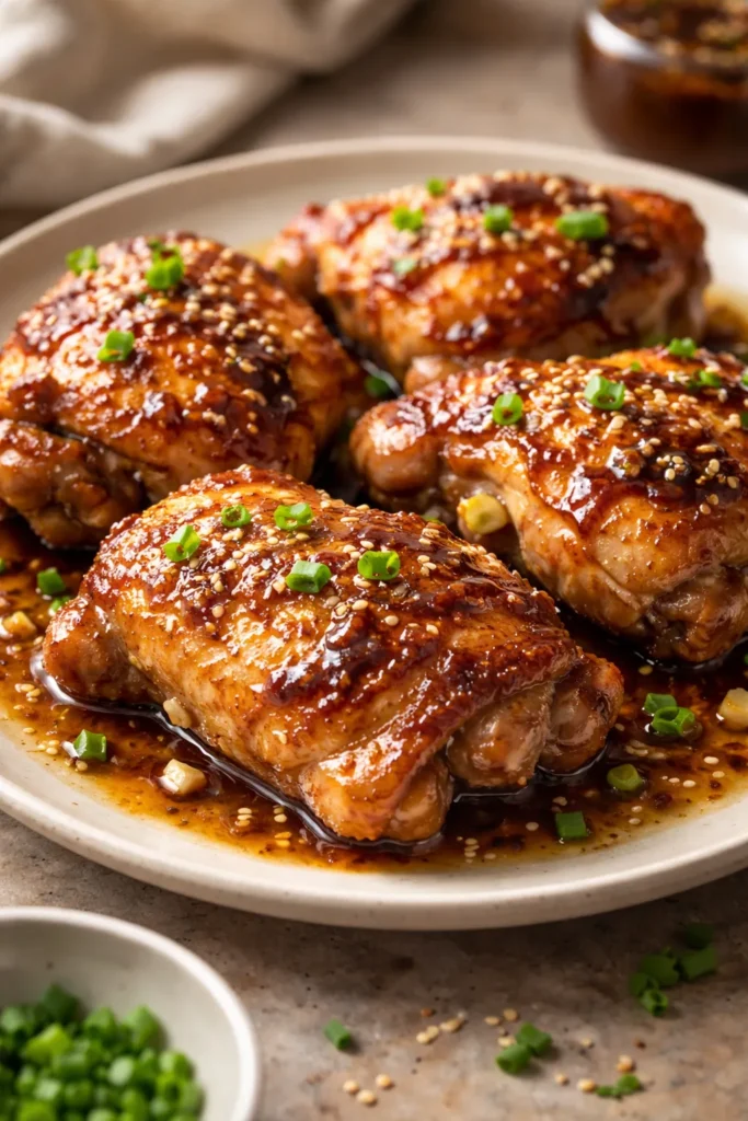 Juicy honey garlic chicken thighs with glossy glaze