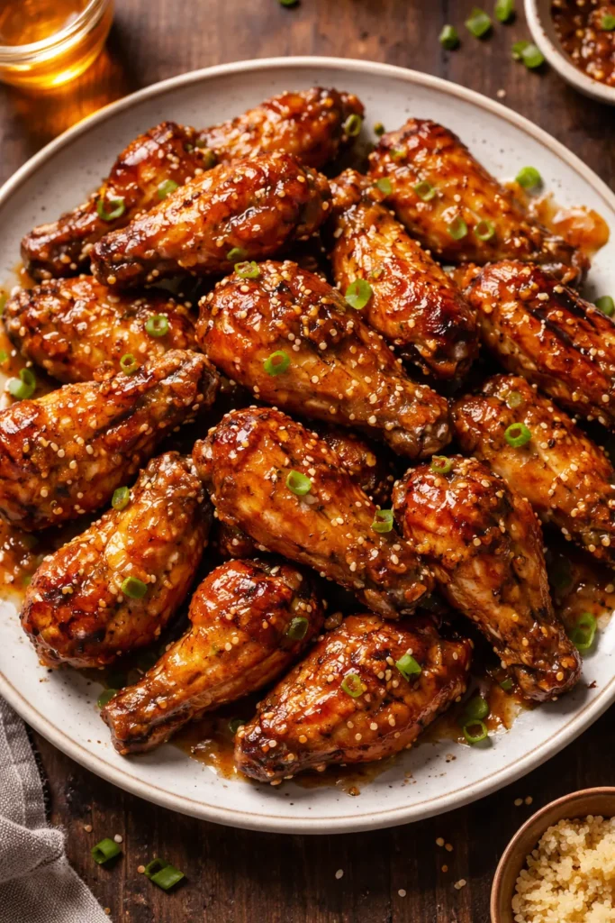 Sticky honey garlic chicken wings on a platter