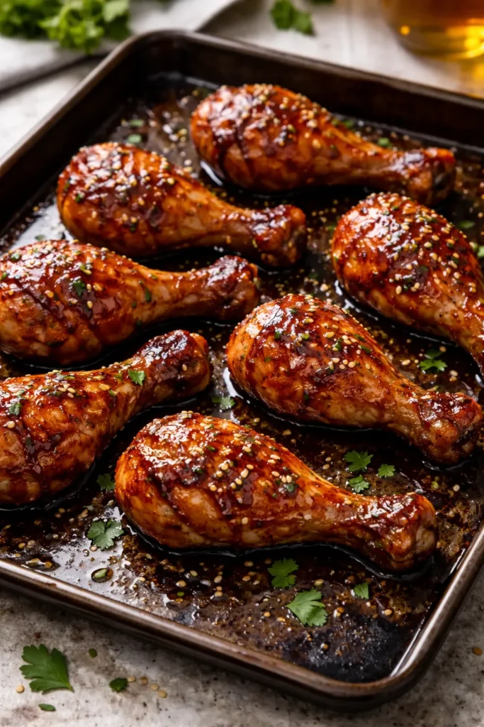 Glazed honey garlic drumsticks with shiny coating