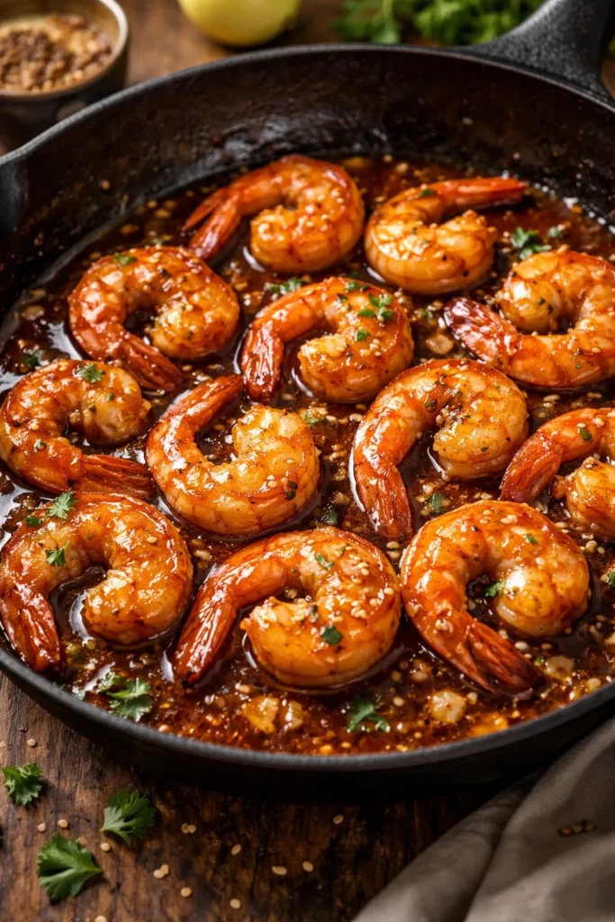 Close-up of honey garlic shrimp with glossy glaze in a skillet