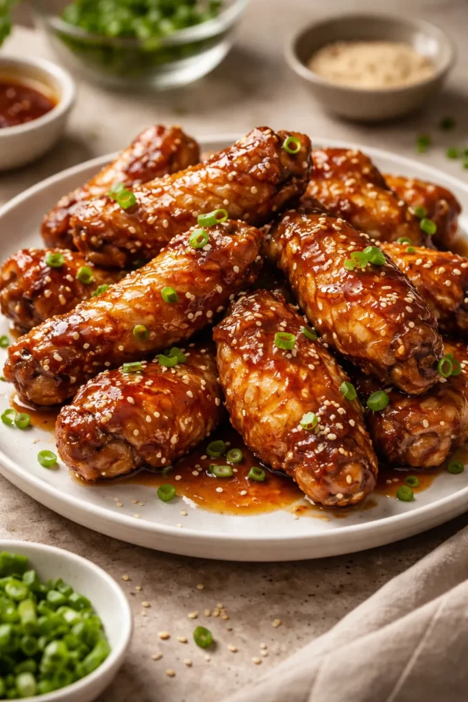 Sticky honey garlic wings on a plate