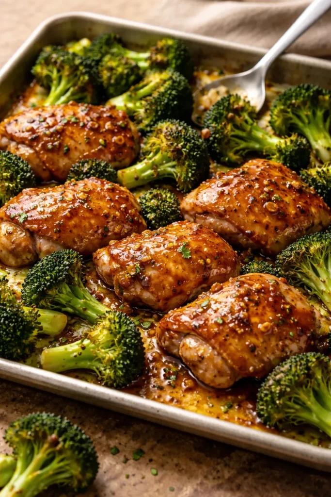 Sheet-pan with honey mustard chicken and broccoli, caramelized edges