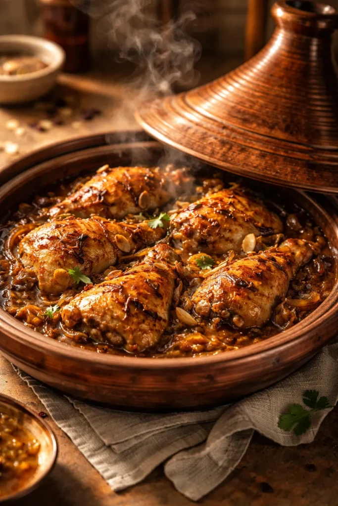 Chicken tagine with honey saffron and caramelized onions