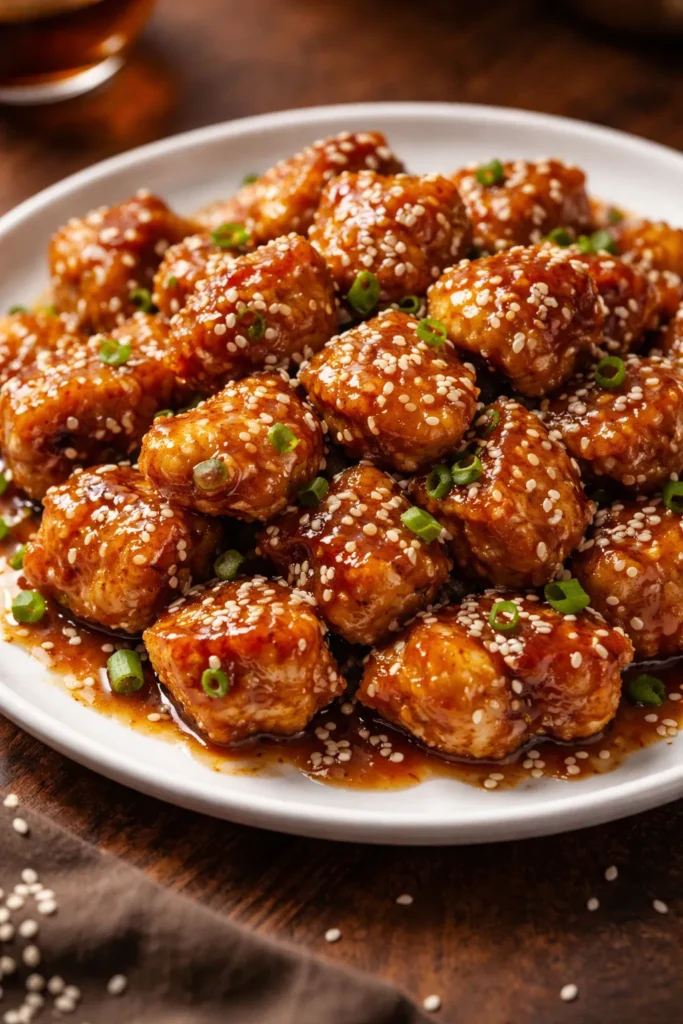 Crispy honey sesame chicken bites on a plate with sesame seeds.