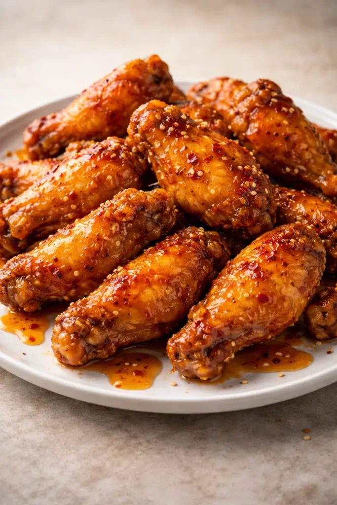 Sticky hot honey wings on plate