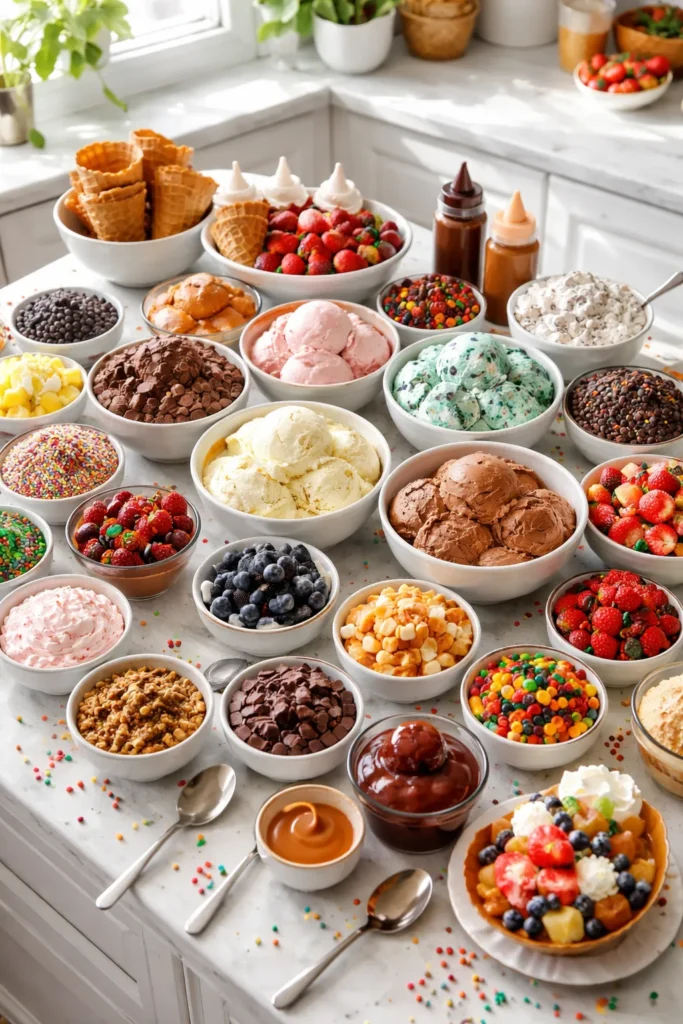 Assorted ice cream sundaes with toppings on a bright kitchen counter