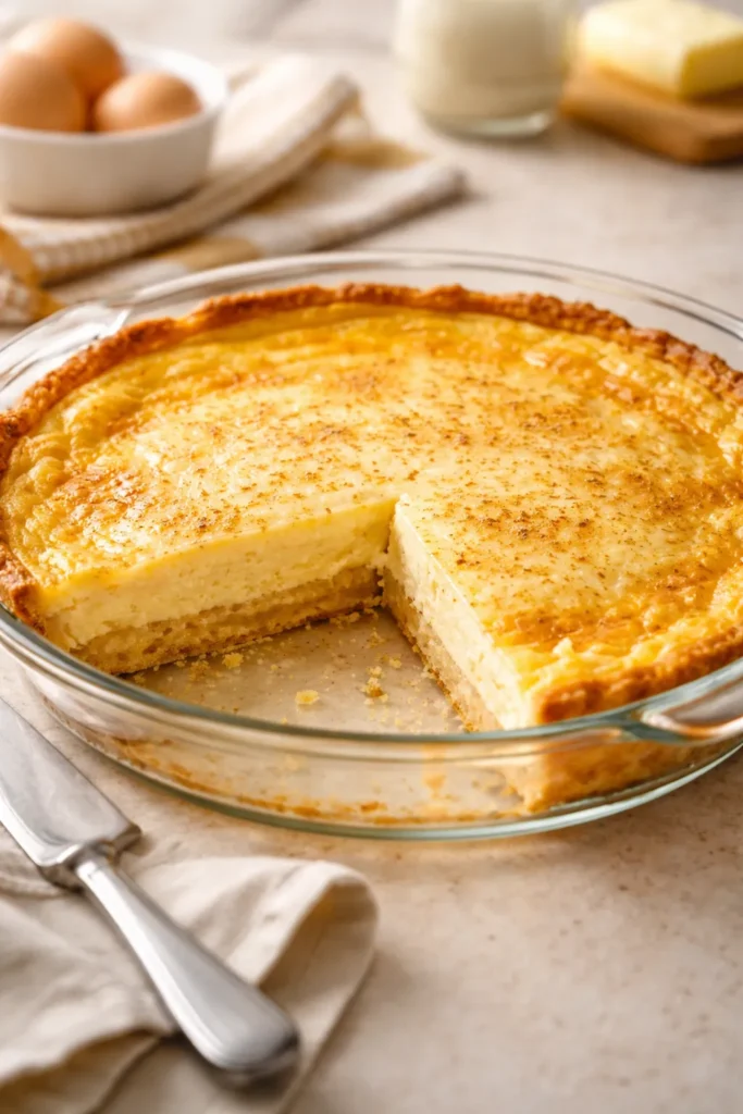 Round glass pie dish with golden crust bottom and creamy top filling