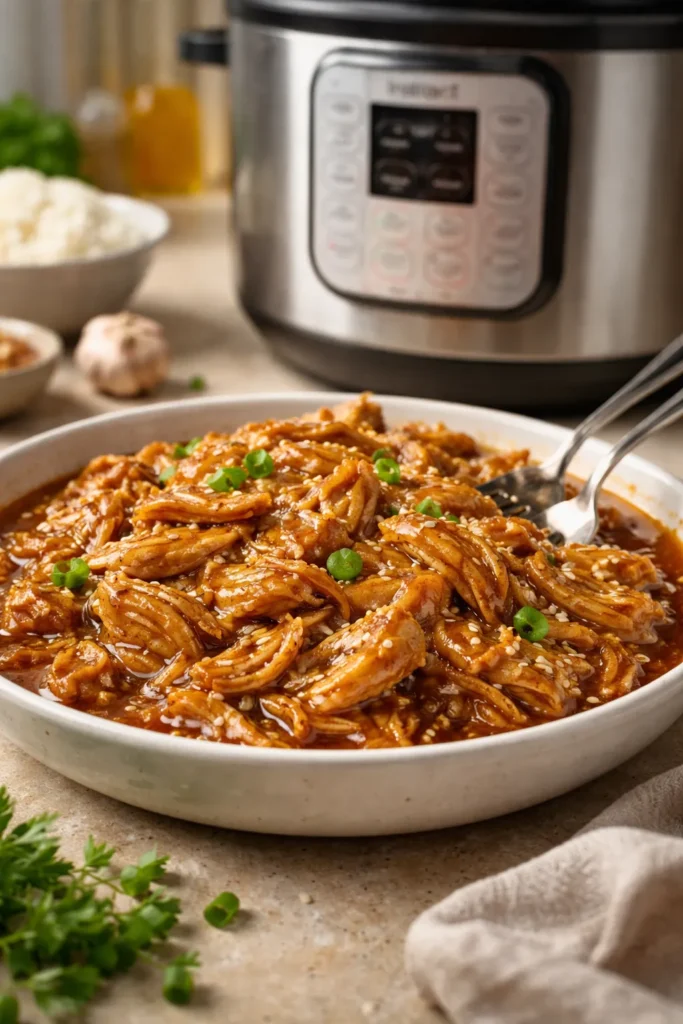 Shredded honey garlic chicken with Instant Pot in background