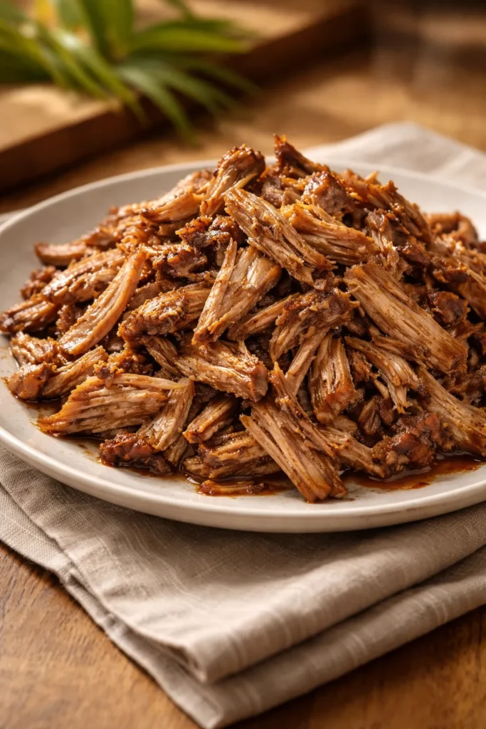 Shredded Kalua pork with smoky glaze on a neutral plate
