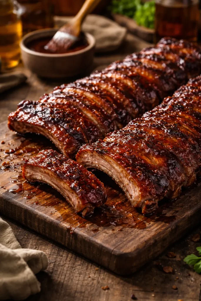 Close-up of glossy glazed KC-style ribs with caramelized edges on a wooden cutting board