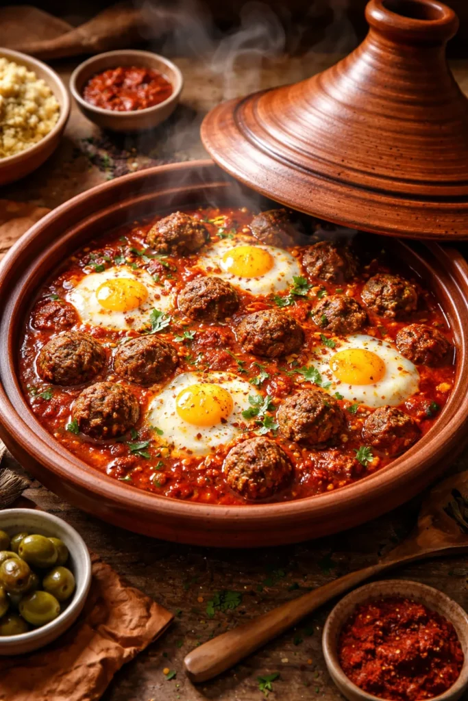 Kefta meatball tagine with eggs in tomato sauce
