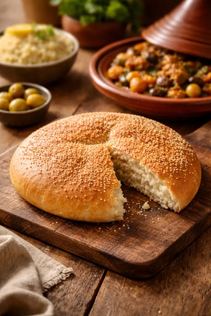 Khobz Moroccan bread on wooden board served with tagine