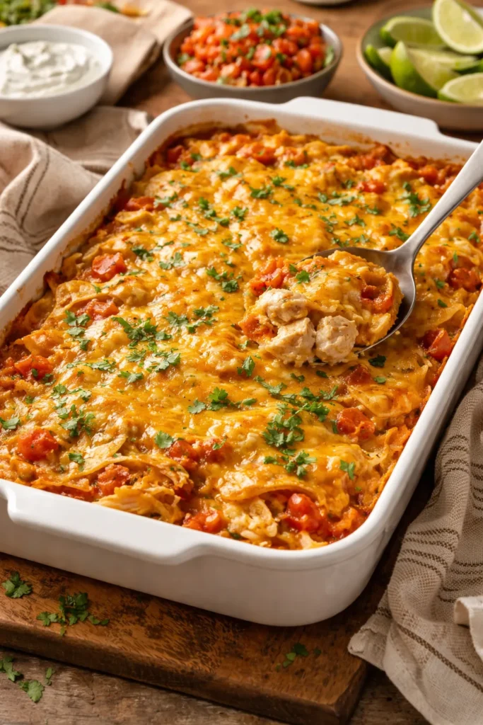 Large baked King Ranch Chicken Casserole with a bubbly golden top
