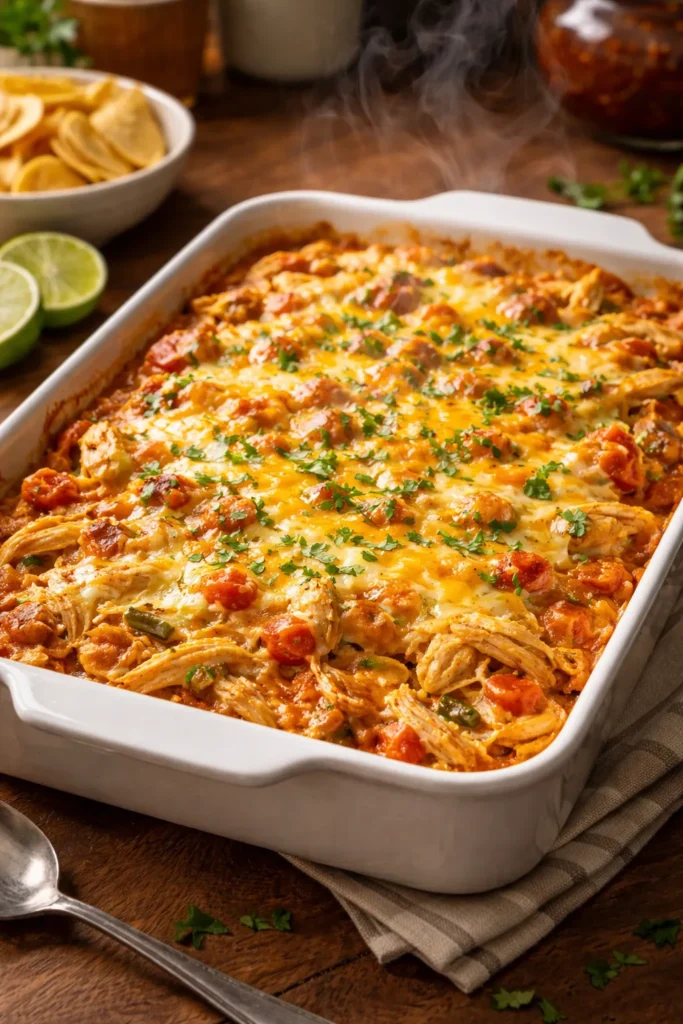Close-up of King Ranch Chicken Casserole in a baking dish showing layers and melted cheese