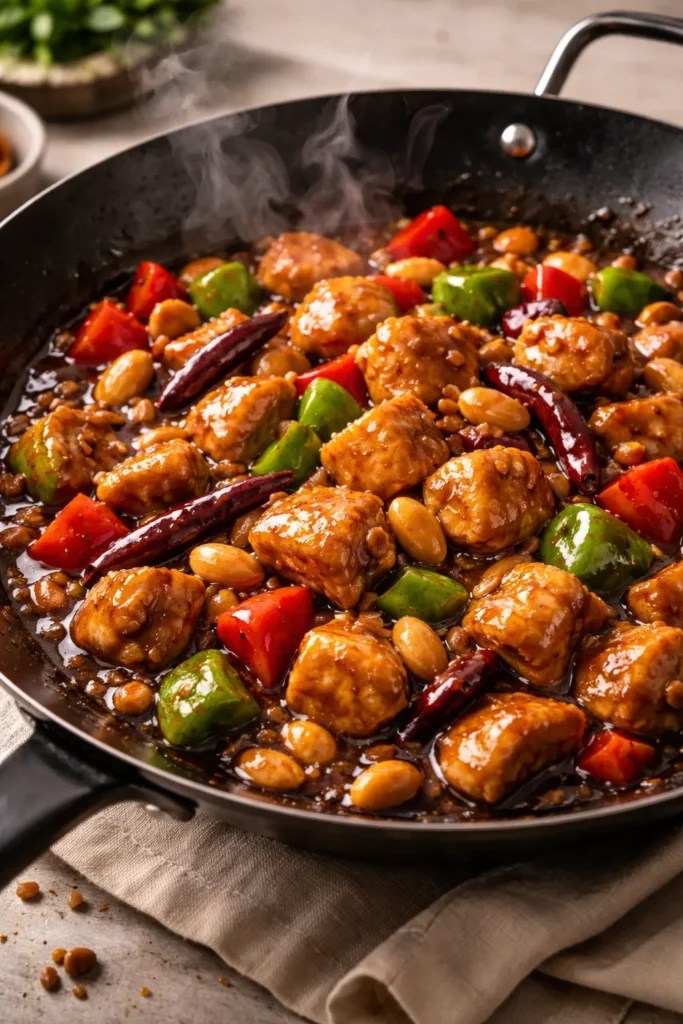 Stir-fried Kung Pao Chicken with peanuts and vegetables in glossy sauce.