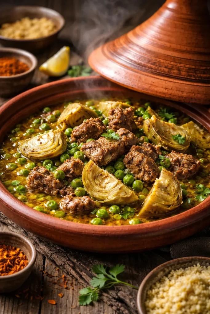 Lamb tagine with artichokes and peas in saffron broth