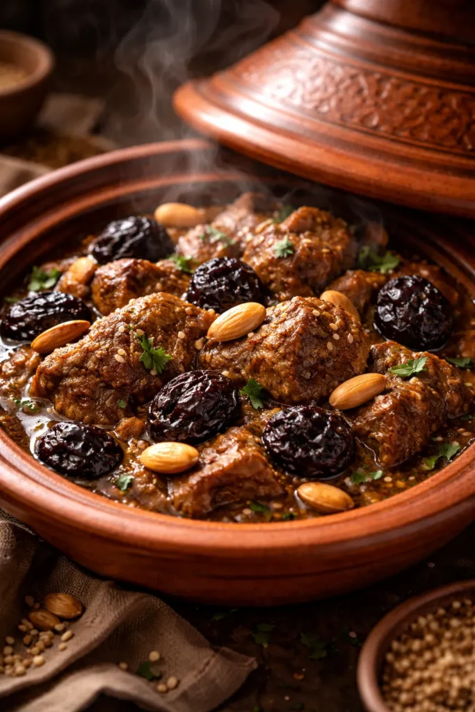 Lamb tagine with prunes and almonds in a clay tagine