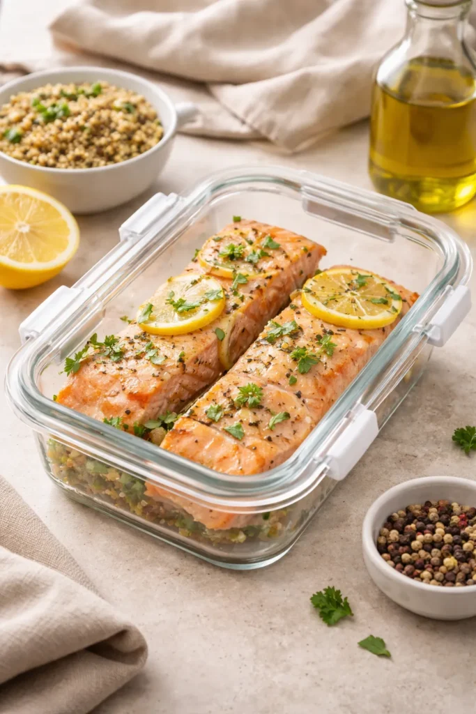A glass container with leftover baked salmon ready for storage