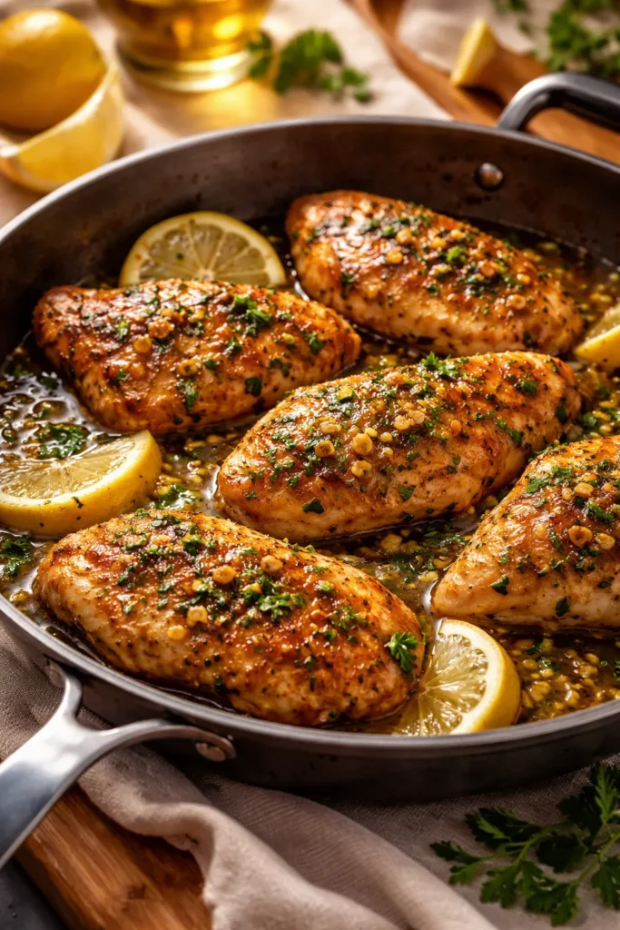 Skillet of lemon garlic butter chicken with garlic and lemon slices