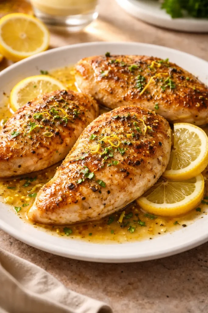 Close-up of Lemon Pepper Chicken breasts in lemon butter sauce on a white plate.