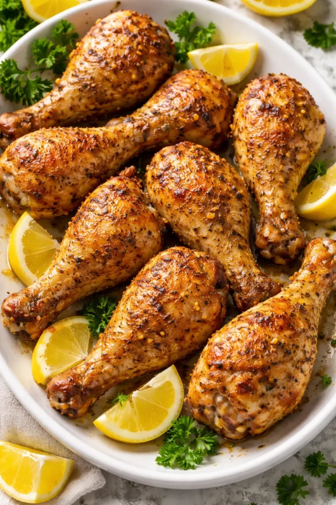 Crispy lemon pepper chicken legs on a neutral surface