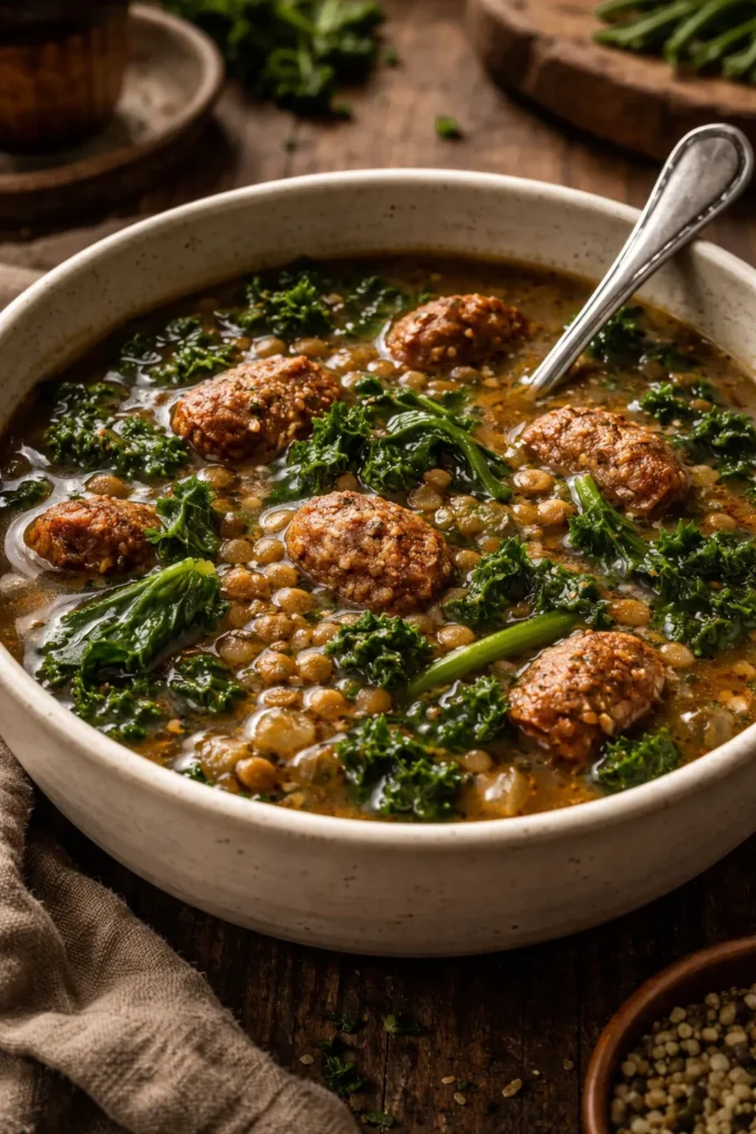 Hearty sausage, lentil, and kale soup in a rustic bowl