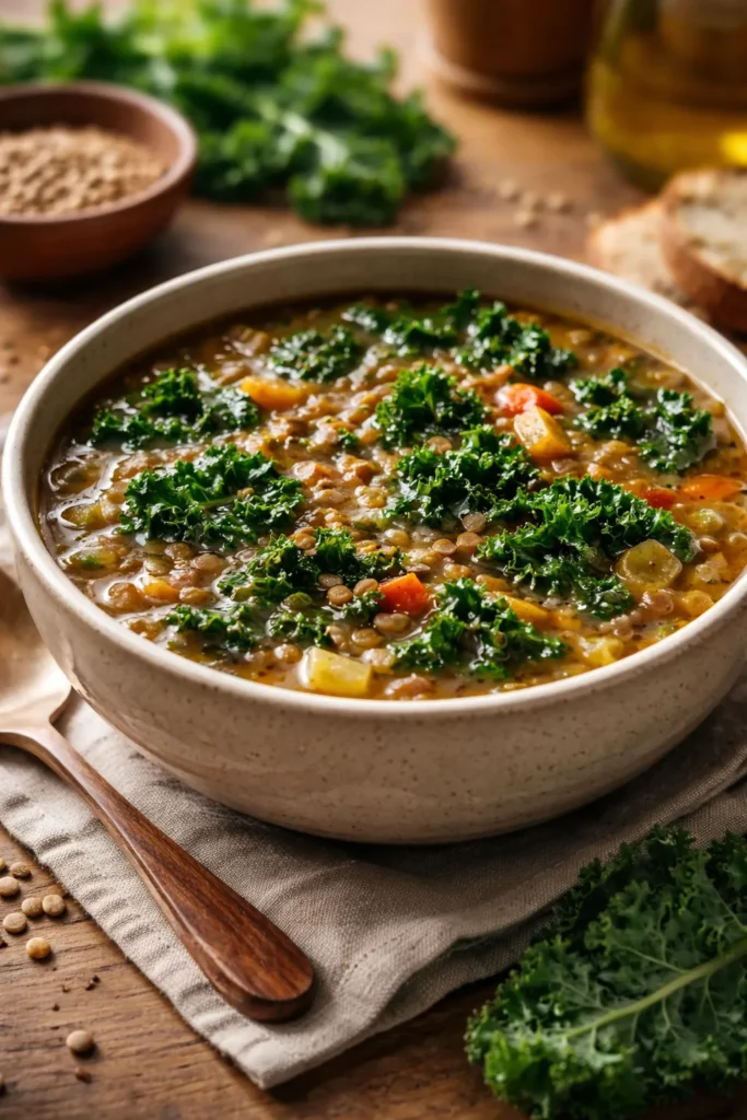Steaming lentil and kale soup with visible lentils and kale in a rustic setting
