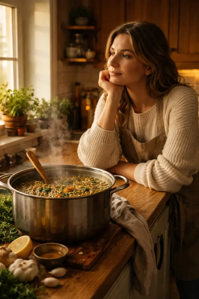 Contemplative cook in warm kitchen reflecting on finishing techniques for lentil kale soup