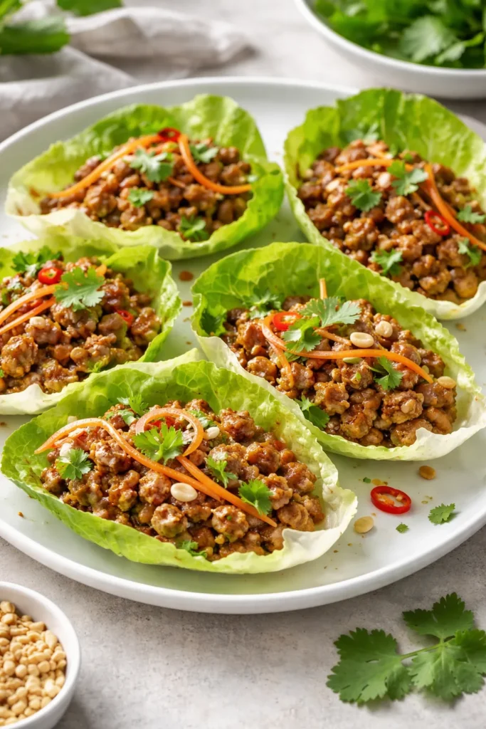 Lettuce cups filled with ground pork on a plate