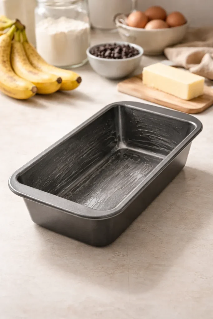 Loaf pan on clean counter ready for batter