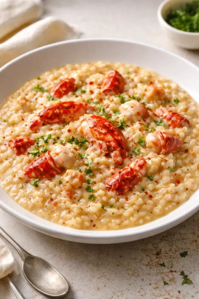 Creamy lobster risotto in a bowl with lobster pieces.