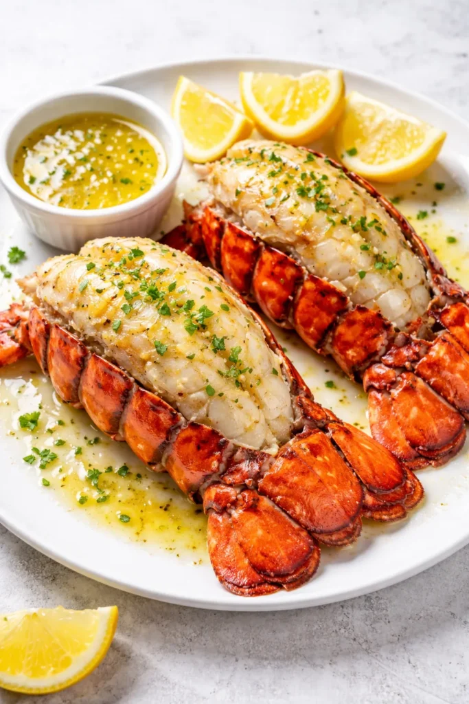 Lobster tails split and brushed with lemon garlic butter on a plate