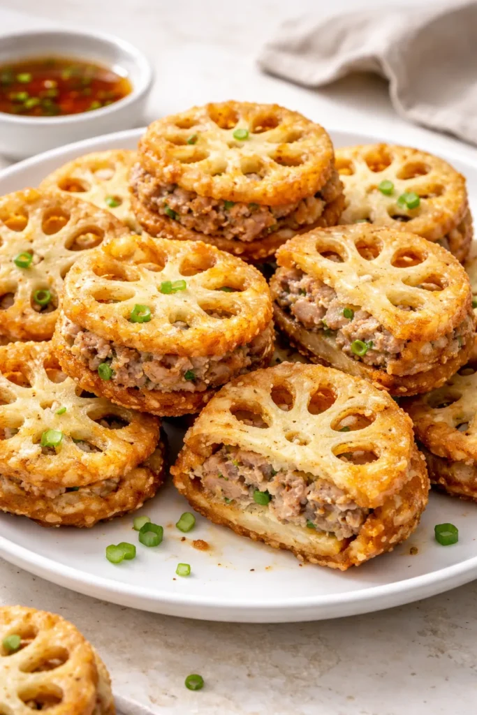 Crispy stuffed lotus root slices with pork filling.