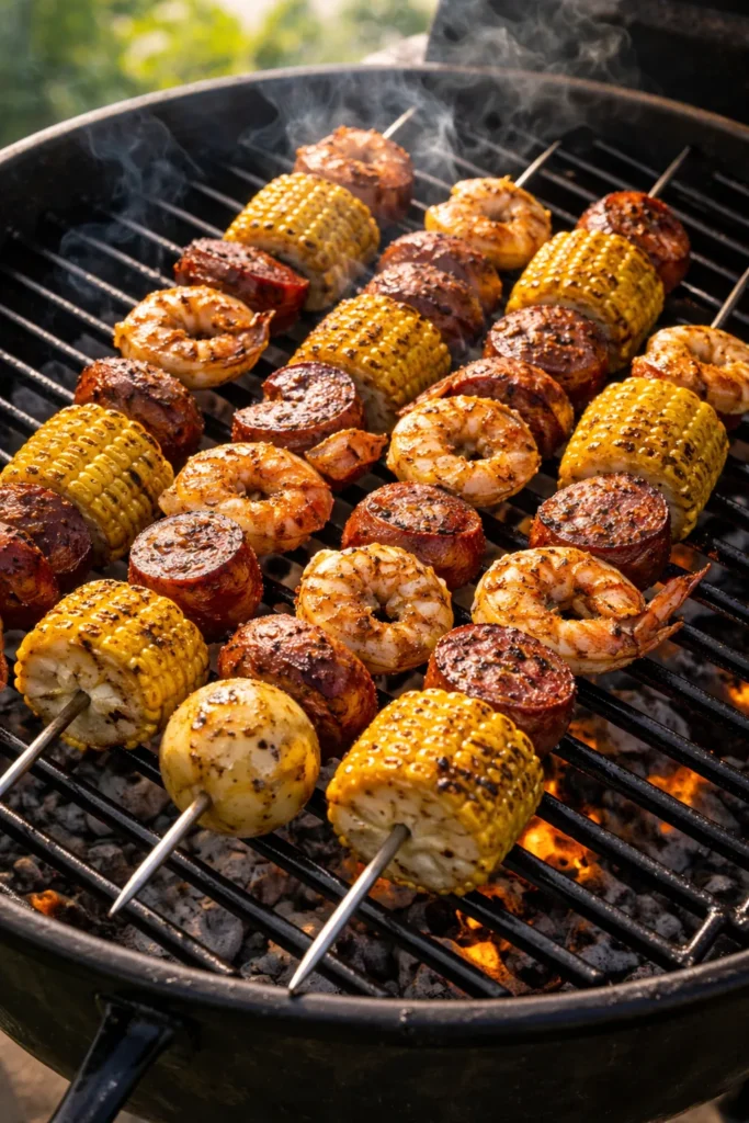 Skewers with shrimp sausage and corn on a grill