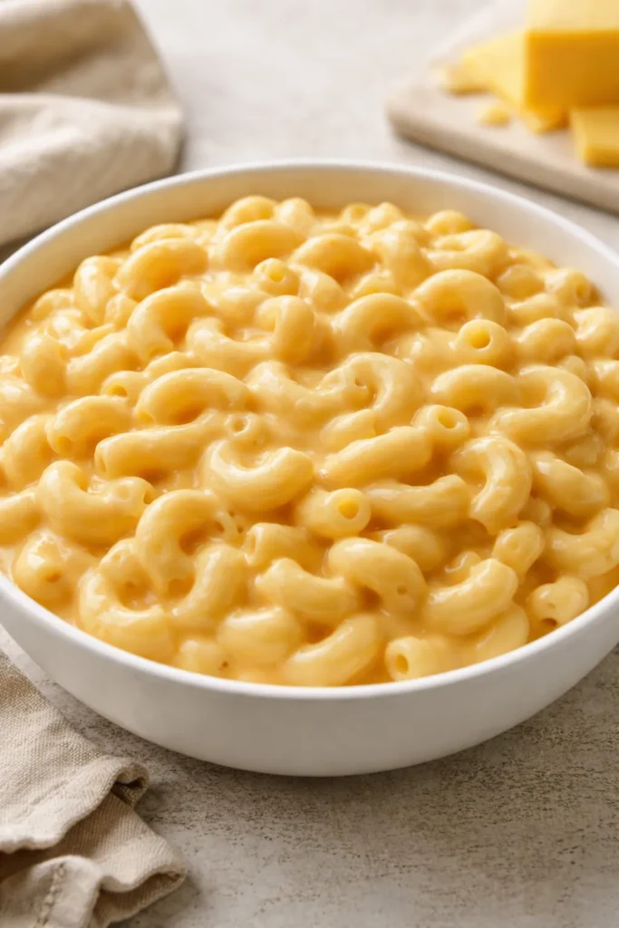 Creamy macaroni and cheese in a bowl with cheddar sauce