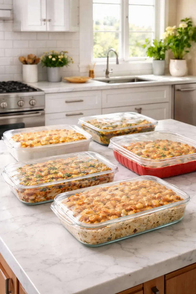 Row of covered casseroles ready for make-ahead cooking.