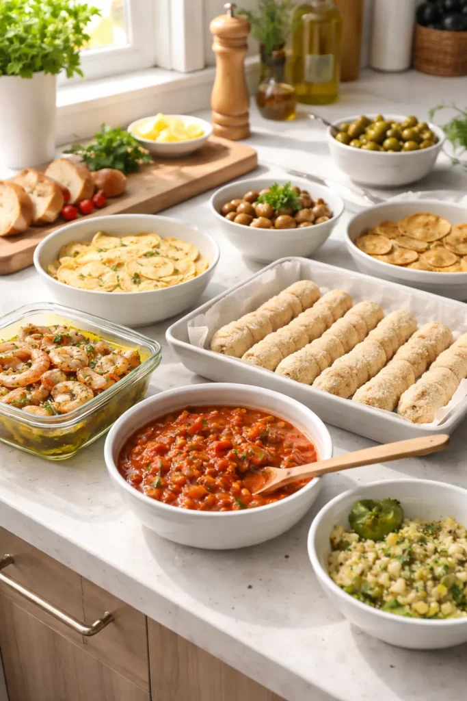 Organized kitchen prep station with bowls showing make-ahead steps