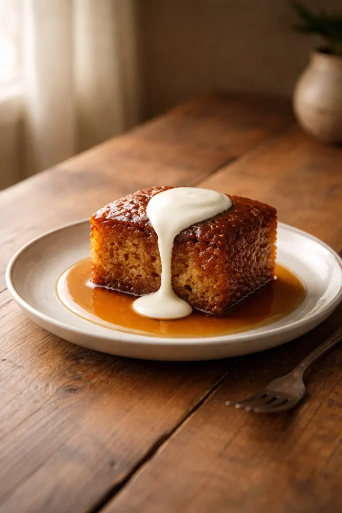 Single plate of malva pudding with cream on a wooden table in warm light