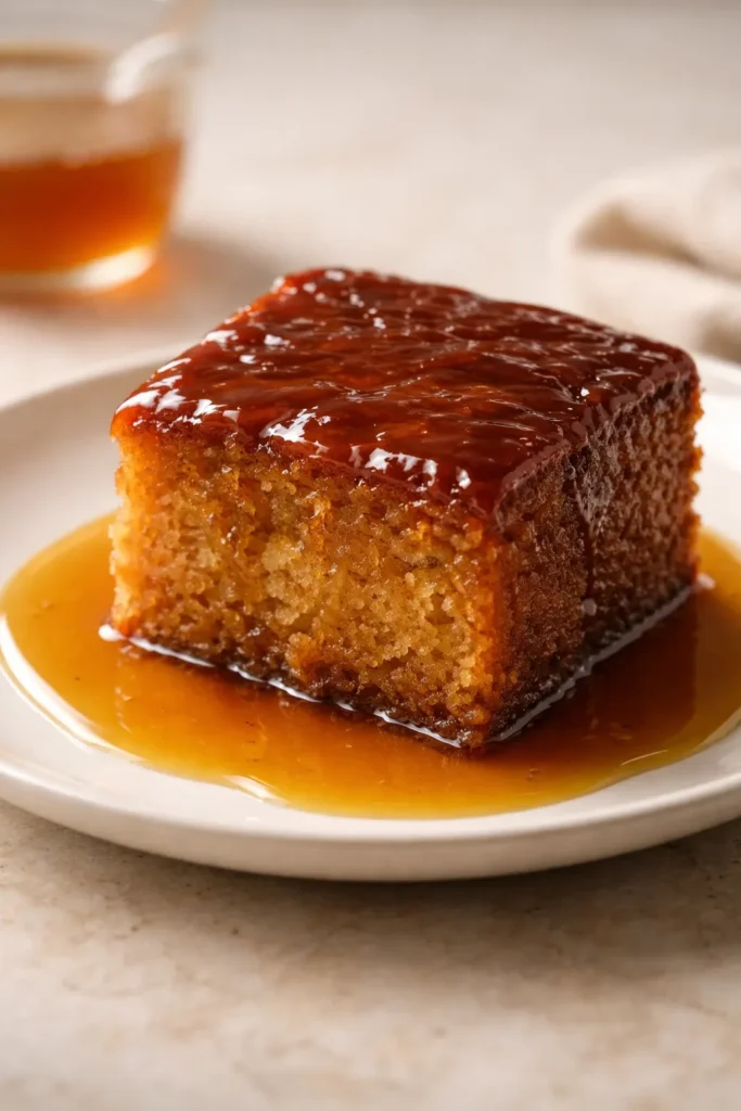 Dense caramel-glazed malva pudding on plate with sauce
