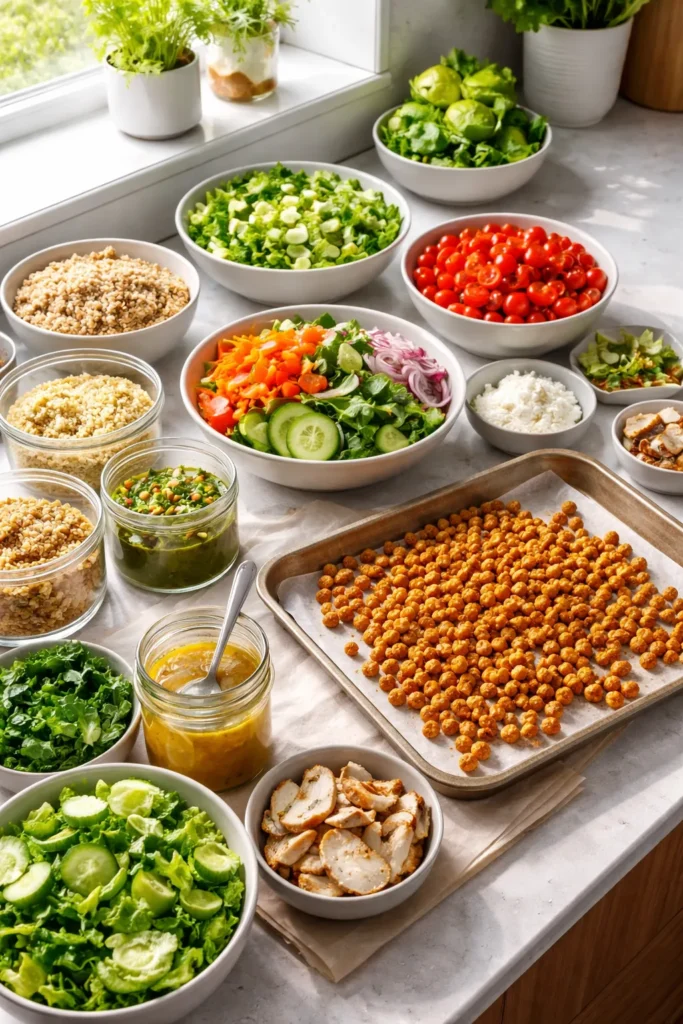 Prep station with grains, chickpeas, and vinaigrette jars for salad prep